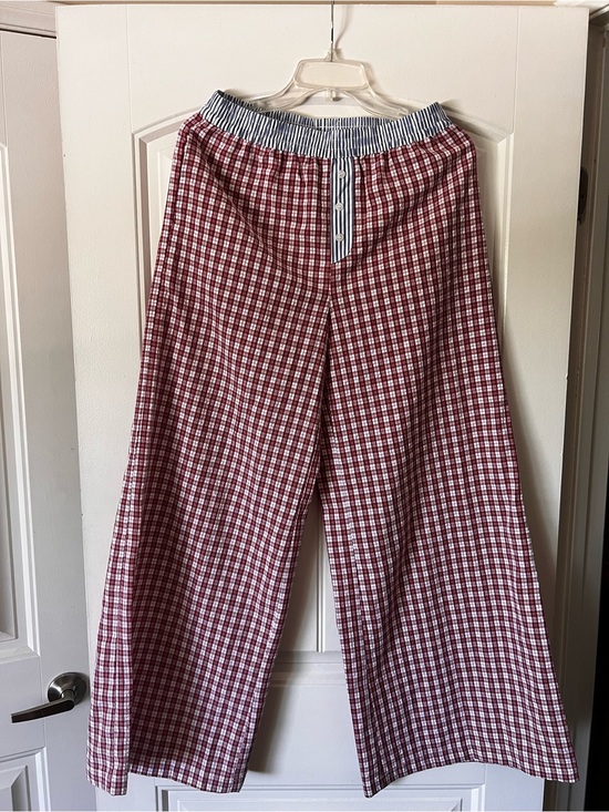 Sincerly Jules Pants - Gingham Wide-Leg Pants with Striped Waistband